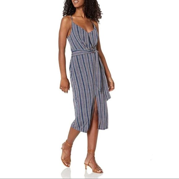 BCBGeneration Blue Striped Midi Faux Wrap Dress Size Small - Picture 1 of 9
